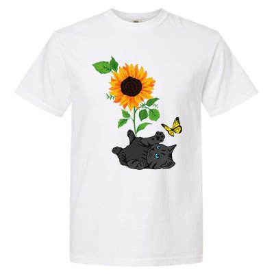 Black Cat Cats And Sunflowers Kitten Sunflower Butterfly Garment-Dyed Heavyweight T-Shirt