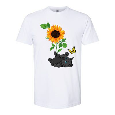 Black Cat Cats And Sunflowers Kitten Sunflower Butterfly Softstyle CVC T-Shirt