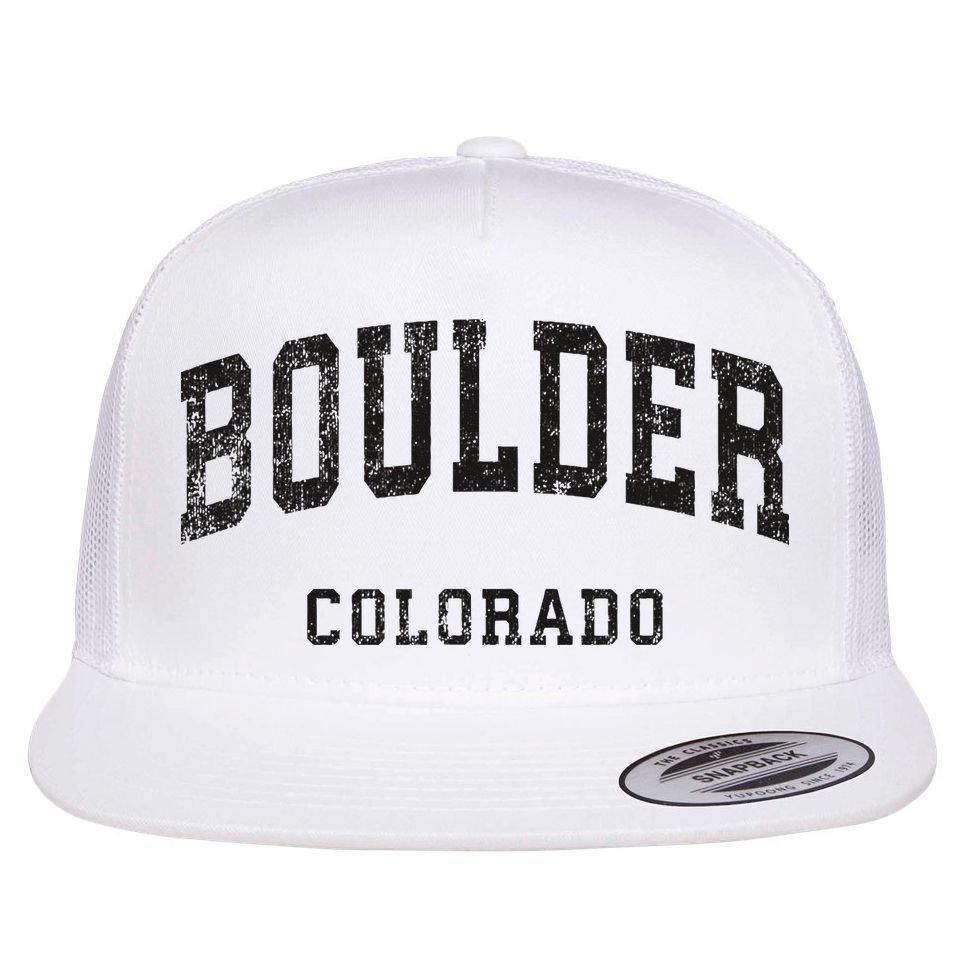 Boulder Colorado Co Vintage Athletic Sports Design Flat Bill Trucker Hat