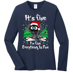 Black Cat Christmas Its Fine Im Fine Everything Is Fine Ladies Long Sleeve Shirt