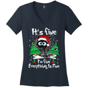 Black Cat Christmas Its Fine Im Fine Everything Is Fine Women's V-Neck T-Shirt