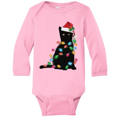 Black Cat Christmas Light Funny Cat Lover Christmas Baby Long Sleeve Bodysuit