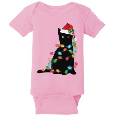 Black Cat Christmas Light Funny Cat Lover Christmas Baby Bodysuit