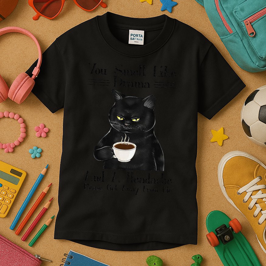 Black Cat Coffee You Smell Like Drama And A Headache Kids T-Shirt