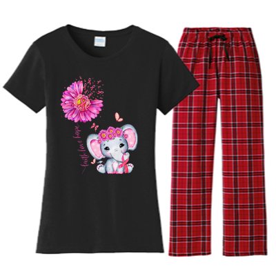 Breast Cancer Cute Elephant With Sunflower And Pink Ribbon Women's Flannel Pajama Set