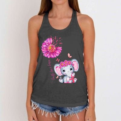 Breast Cancer Cute Elephant With Sunflower And Pink Ribbon Women's Knotted Racerback Tank