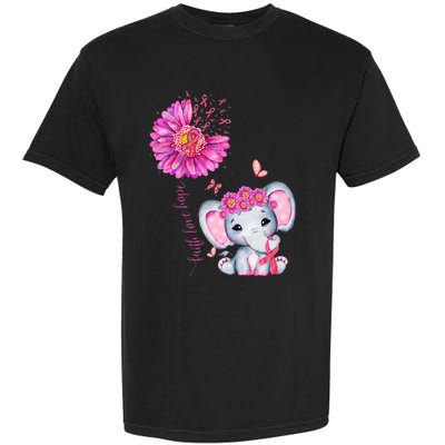 Breast Cancer Cute Elephant With Sunflower And Pink Ribbon Garment-Dyed Heavyweight T-Shirt