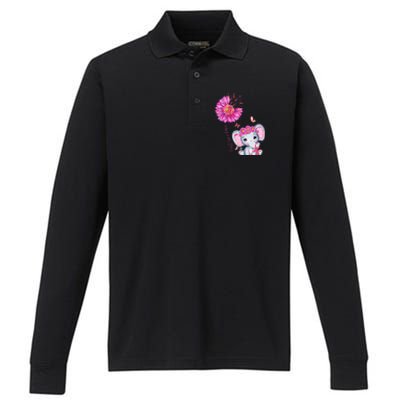 Breast Cancer Cute Elephant With Sunflower And Pink Ribbon Performance Long Sleeve Polo