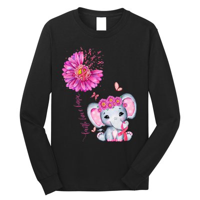 Breast Cancer Cute Elephant With Sunflower And Pink Ribbon Long Sleeve Shirt