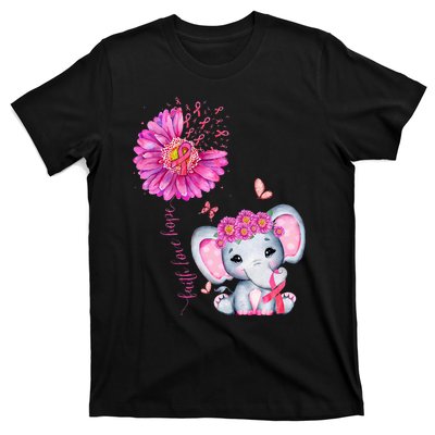 Breast Cancer Cute Elephant With Sunflower And Pink Ribbon T-Shirt