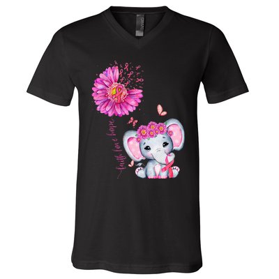 Breast Cancer Cute Elephant With Sunflower And Pink Ribbon V-Neck T-Shirt