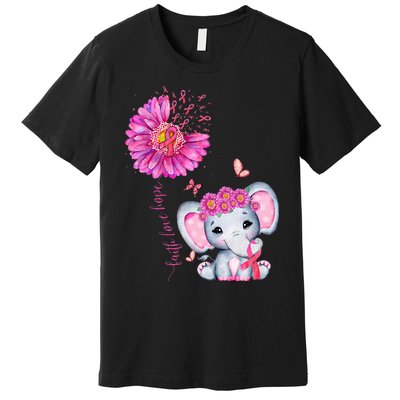 Breast Cancer Cute Elephant With Sunflower And Pink Ribbon Premium T-Shirt