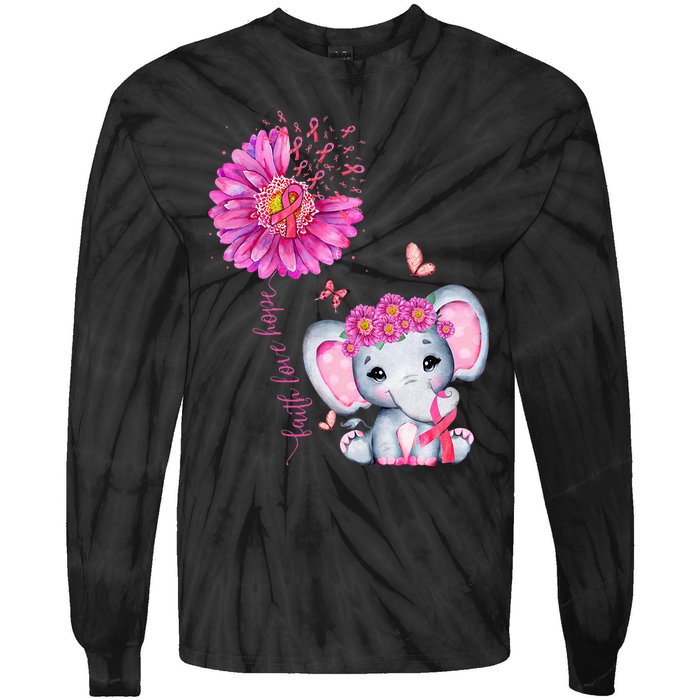 Breast Cancer Cute Elephant With Sunflower And Pink Ribbon Tie-Dye Long Sleeve Shirt