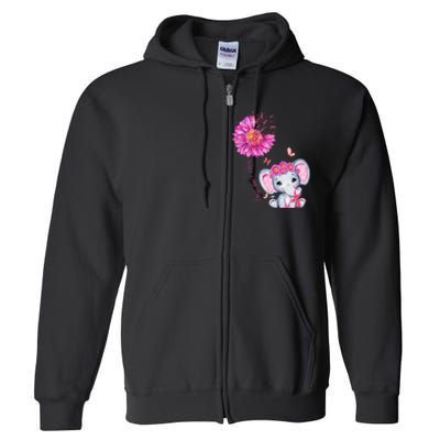 Breast Cancer Cute Elephant With Sunflower And Pink Ribbon Full Zip Hoodie