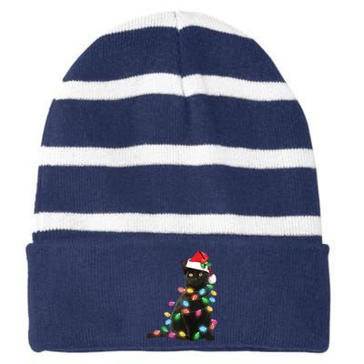 Black Cat Christmas Light Funny Cat Lover Christmas Striped Beanie with Solid Band