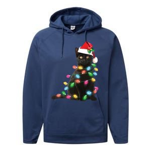 Black Cat Christmas Light Funny Cat Lover Christmas Performance Fleece Hoodie