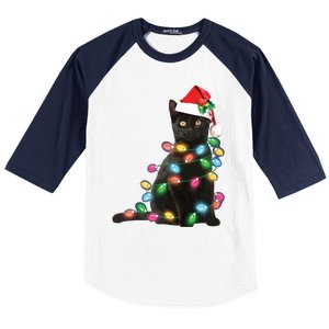 Black Cat Christmas Light Funny Cat Lover Christmas Baseball Sleeve Shirt