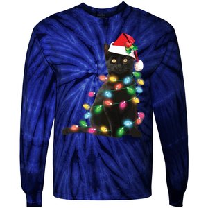 Black Cat Christmas Light Funny Cat Lover Christmas Tie-Dye Long Sleeve Shirt