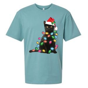 Black Cat Christmas Light Funny Cat Lover Christmas Sueded Cloud Jersey T-Shirt