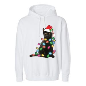 Black Cat Christmas Light Funny Cat Lover Christmas Garment-Dyed Fleece Hoodie