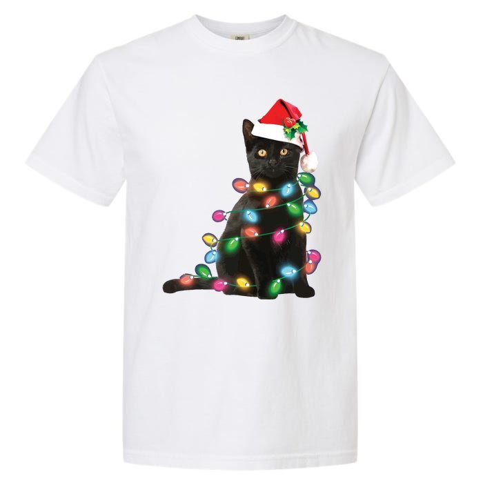 Black Cat Christmas Light Funny Cat Lover Christmas Garment-Dyed Heavyweight T-Shirt