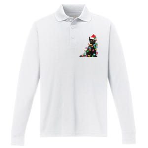 Black Cat Christmas Light Funny Cat Lover Christmas Performance Long Sleeve Polo