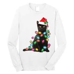 Black Cat Christmas Light Funny Cat Lover Christmas Long Sleeve Shirt