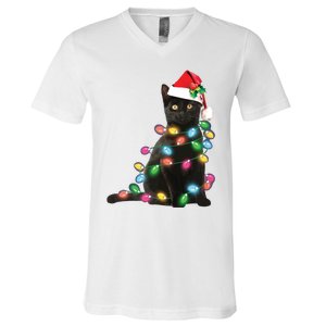 Black Cat Christmas Light Funny Cat Lover Christmas V-Neck T-Shirt