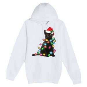 Black Cat Christmas Light Funny Cat Lover Christmas Premium Pullover Hoodie