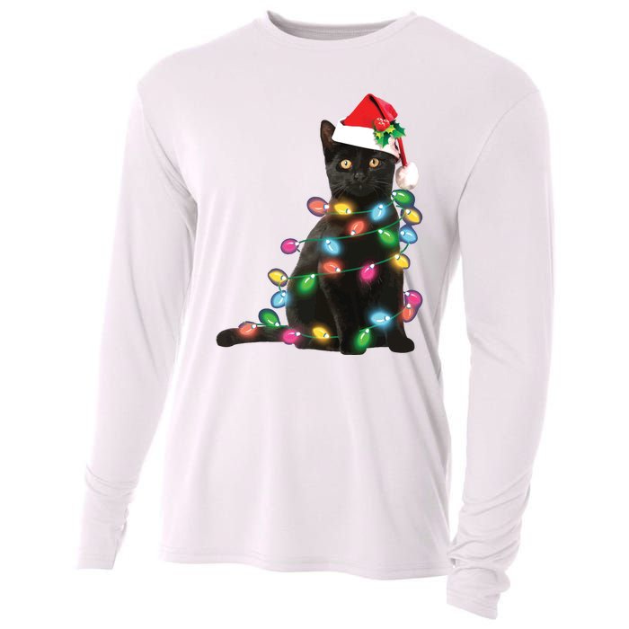 Black Cat Christmas Light Funny Cat Lover Christmas Cooling Performance Long Sleeve Crew