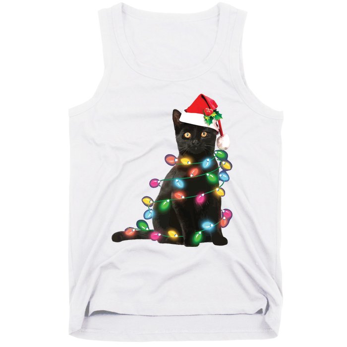 Black Cat Christmas Light Funny Cat Lover Christmas Tank Top