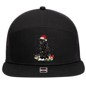 Black Cat Christmas Lights Santa Funny Cat Dad Mom Xmas 7 Panel Mesh Trucker Snapback Hat