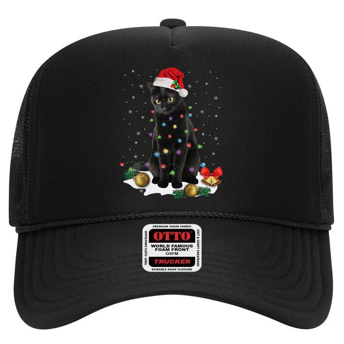 Black Cat Christmas Lights Santa Funny Cat Dad Mom Xmas High Crown Mesh Back Trucker Hat