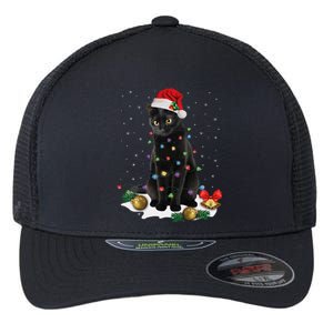 Black Cat Christmas Lights Santa Funny Cat Dad Mom Xmas Flexfit Unipanel Trucker Cap