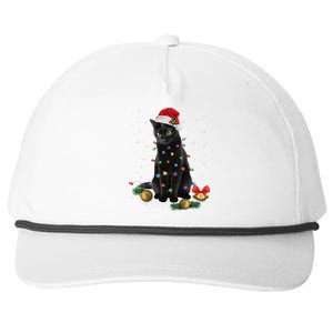 Black Cat Christmas Lights Santa Funny Cat Dad Mom Xmas Snapback Five-Panel Rope Hat