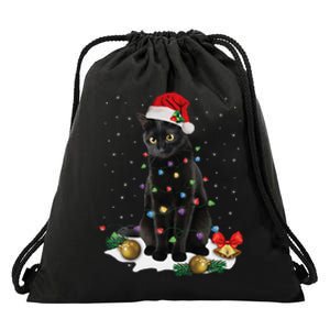 Black Cat Christmas Lights Santa Funny Cat Dad Mom Xmas Drawstring Bag