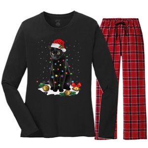 Black Cat Christmas Lights Santa Funny Cat Dad Mom Xmas Women's Long Sleeve Flannel Pajama Set 