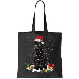 Black Cat Christmas Lights Santa Funny Cat Dad Mom Xmas Tote Bag