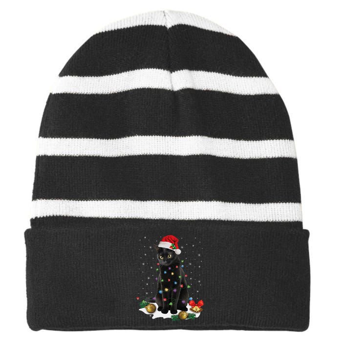 Black Cat Christmas Lights Santa Funny Cat Dad Mom Xmas Striped Beanie with Solid Band