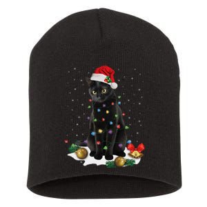 Black Cat Christmas Lights Santa Funny Cat Dad Mom Xmas Short Acrylic Beanie