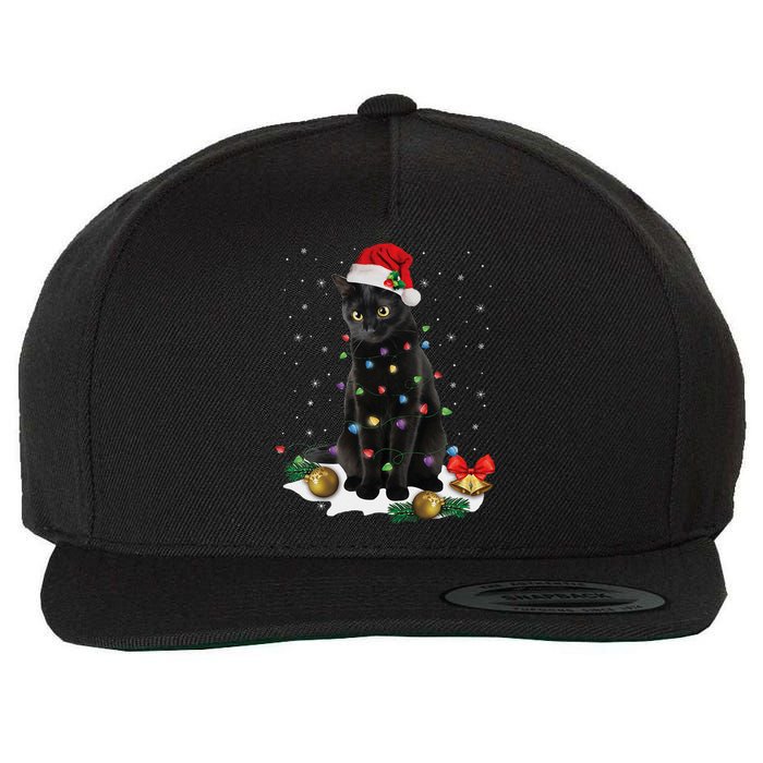 Black Cat Christmas Lights Santa Funny Cat Dad Mom Xmas Wool Snapback Cap