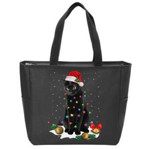 Black Cat Christmas Lights Santa Funny Cat Dad Mom Xmas Zip Tote Bag