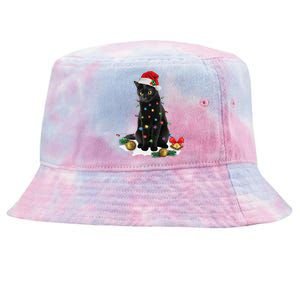 Black Cat Christmas Lights Santa Funny Cat Dad Mom Xmas Tie-Dyed Bucket Hat