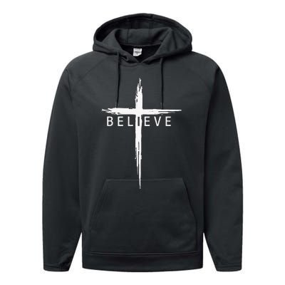 Believe Christian Cross Jesus Christ Christians Performance Fleece Hoodie