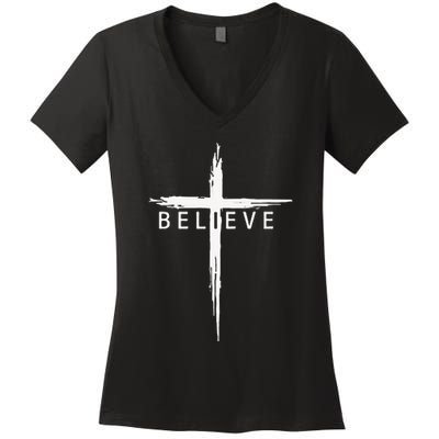 Believe Christian Cross Jesus Christ Christians Women's V-Neck T-Shirt