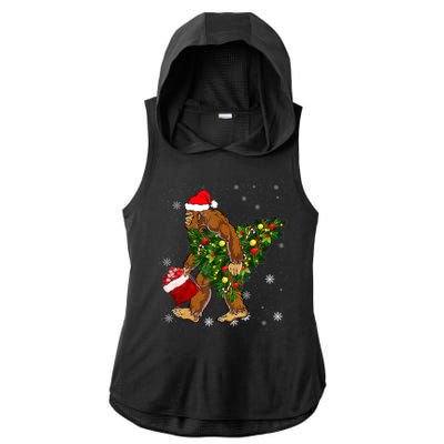 Bigfoot Carrying Christmas Tree Sasquatch Believer Pajama Ladies PosiCharge Tri-Blend Wicking Draft Hoodie Tank