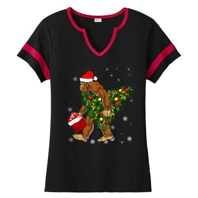 Bigfoot Carrying Christmas Tree Sasquatch Believer Pajama Ladies Halftime Notch Neck Tee