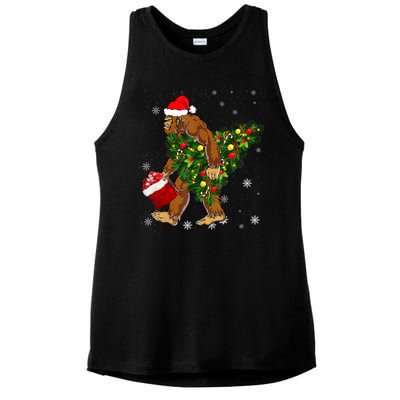 Bigfoot Carrying Christmas Tree Sasquatch Believer Pajama Ladies PosiCharge Tri-Blend Wicking Tank