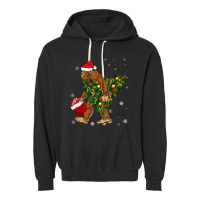 Bigfoot Carrying Christmas Tree Sasquatch Believer Pajama Garment-Dyed Fleece Hoodie