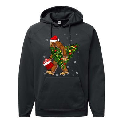 Bigfoot Carrying Christmas Tree Sasquatch Believer Pajama Performance Fleece Hoodie